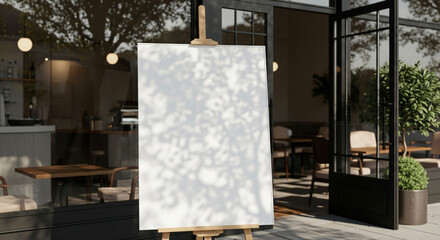 An empty blackboard sign mockup is positioned in front of a restaurant, ready for menu listings. The setting includes a street cafe or restaurant background.