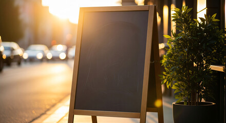 An empty blackboard sign mockup is positioned in front of a restaurant, ready for menu listings. The setting includes a street cafe or restaurant background.