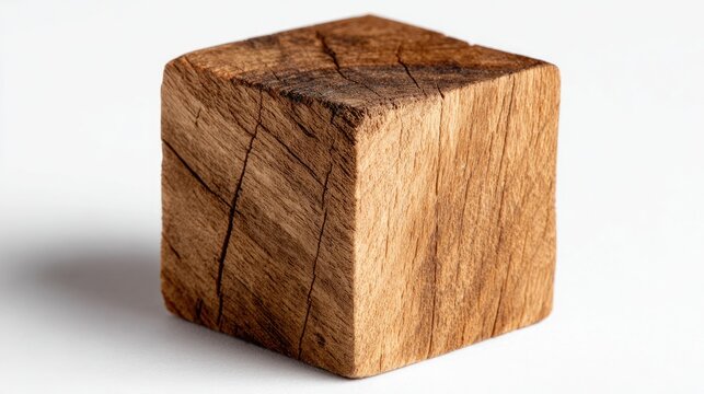 Wooden cube on white background showcasing natural texture and grain with visible cracks and imperfections for design use