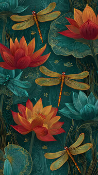 Colorful flowers and dragonflies in a natural setting with detailed patterns