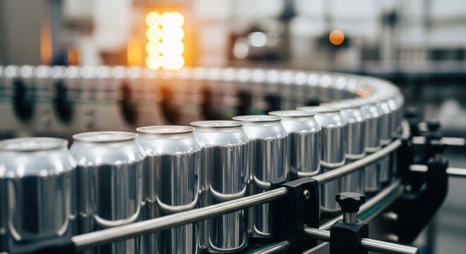 Aluminum beverage cans moving rapidly on a high speed production line in a modern factory