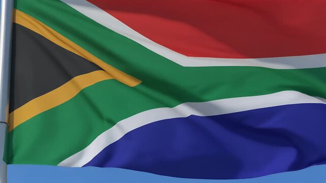 South Africa flag elegant motion on the pole set against a vivid and open blue sky