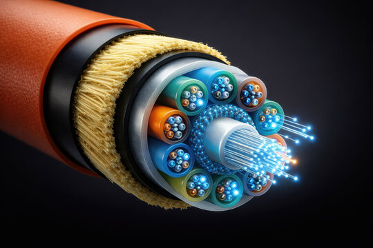 Fiber Optic Cable Close Up with Glowing Light, High Speed Internet Data Transmission