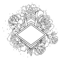 Vector illustration of a peony flower combined with sacred geometry elements. Black and white outline design in tattoo and coloring book style, perfect for prints, spiritual art, and mindful coloring.