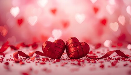 A romantic Valentine's Day background with red hearts and ribbons. A concept of love and celebration.
