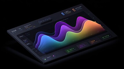 Modern Data Visualization Interface with Colorful Wave Patterns and User Stats Displayed on a Dark Background