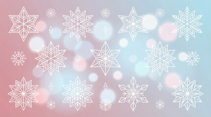 A beautiful background with intricate white snowflakes and soft bokeh lights on a pink and blue gradient.