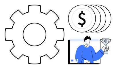 Gear symbol, stack of coins with dollar signs, and person holding a trophy in a video call. Ideal for concepts thumbs up productivity, financial success, online achievement, work rewards, efficiency