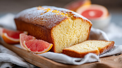 Delicious grapefruit yogurt cake with zest on rustic tray for dessert inspiration