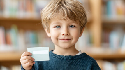 Child celebrates new library membership in front of book wall