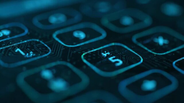 Close up view of a futuristic digital calculator keypad with illuminated numbers and symbols on a circuit board background. Ideal for themes of technology, finance, and data computation.