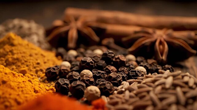 A vibrant collection of colorful culinary spices and aromatics, featuring turmeric, paprika, pepper, cumin, cinnamon, and star anise.