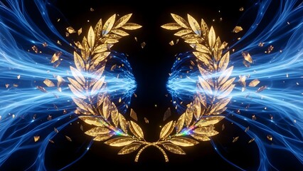 Commonwealth Games 2026 -A vibrant digital illustration of a golden laurel wreath with blue energy bursts on a black background