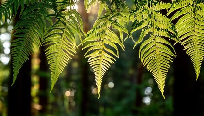 lush green fern fronds hanging down in a sunlit forest