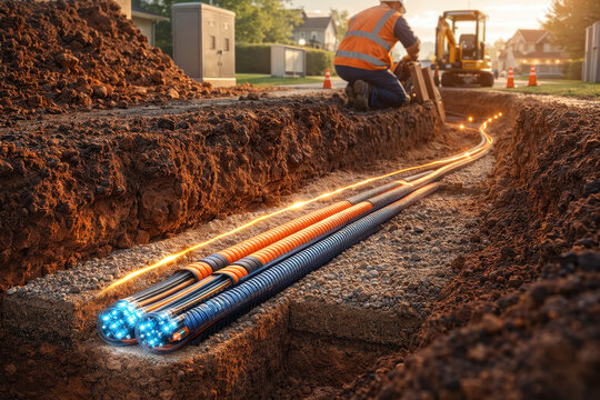 Fiber Optic Cable Installation in Trench, Underground Broadband Infrastructure Construction