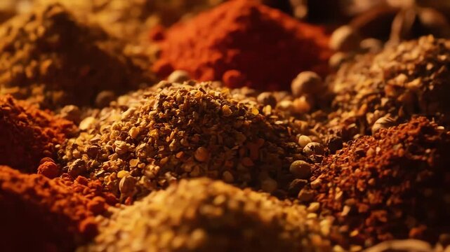 A rich and aromatic assortment of culinary spices in a close-up view, highlighting their vibrant textures and colors
