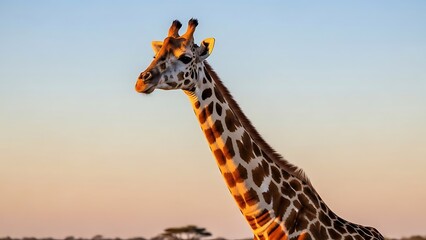 Majestic African Giraffe Silhouetted Against a Radiant Golden Sunset, Highlighting its Distinctive Patterns and Graceful Stature in the Wild Savanna