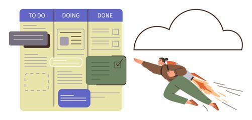 Project management, organization tools, productivity, teamwork, goal setting, task completion. A task board labeled To Do, Doing, Done alongside a jetpack-powered person heading toward a cloud © robu_s
