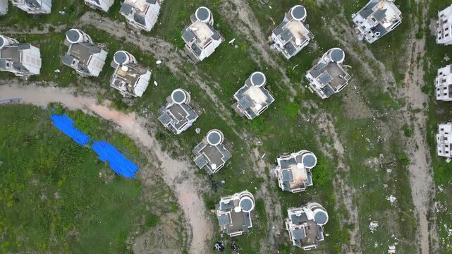 Burj Al Babas ghost town abandoned fairytale castles drone aerial overhead view in Turkey