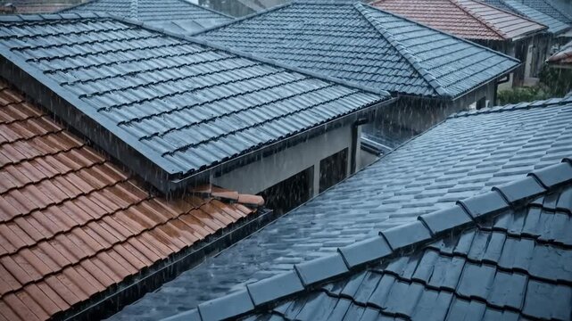 Close-up view of heavy rain pouring down on various tiled rooftops in a residential neighborhood. Water flows into gutters, creating a wet and stormy atmosphere.
