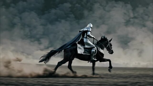Dynamic side-angle shot of a knight in armor galloping on a horse through a dusty landscape, evoking a cinematic medieval video scene.