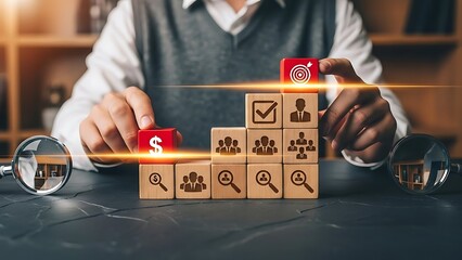 Businessman building strategy with wooden blocks and financial goals