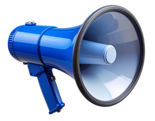 Modern Blue Loudhailer with Handle, Angled Perspective, Promotion and Alert Concept, Isolated PNG