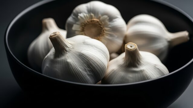 Dramatic close-up of fresh white garlic bulbs resting in a black bowl against a dark, low-key background. - Powered by Adobe