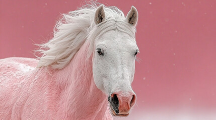 A white horse with a pink mane against a pink background.