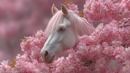 A white horse surrounded by pink cherry blossom flowers.