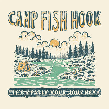 camping illustration fishing graphic river design outdoor badge landscape vintage nature