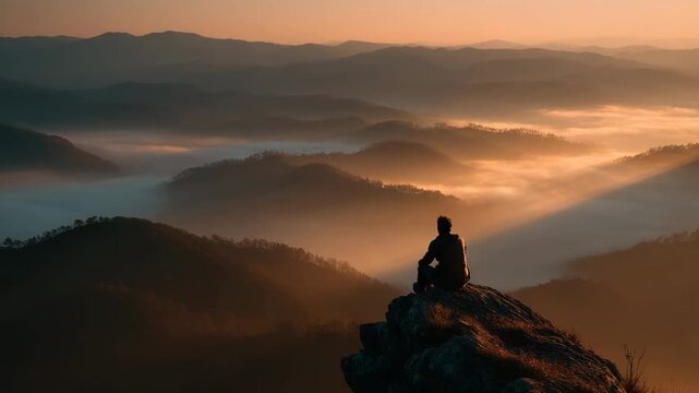 Individual seated on rocky outcrop gazes at expansive mountain landscape bathed in warm golden light with misty valleys creating a serene atmosphere during sunset