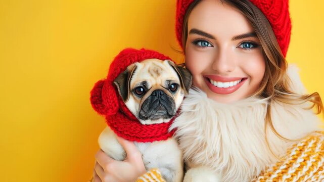 Cozy Embrace: A woman and a pug dog, both adorned in matching red winter hats and warm, cozy attire, share an intimate moment against a vibrant yellow backdrop. 