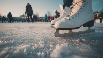 Obraz premium Person ice skating on a frozen outdoor rink with other skaters in the background.