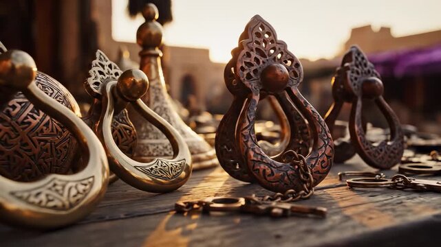 The scene features ornate golden and brass door knockers displayed prominently. The intricate designs of the door knockers catch the warm sunlight, revealing their craftsmanship.