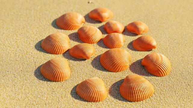 Seashells on Sandy Shores: A symmetrical arrangement of seashells adorns the warm, textured surface of the beach, creating a visually pleasing pattern under the sun. 