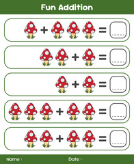 Game for children addition by counting mushrooms. Educational mathematical game. Addition game for children. Kids activity sheet. Template for addition