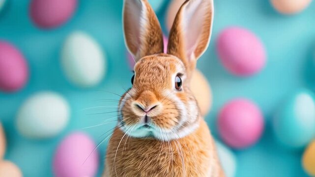 Easter Bunny Amongst Eggs: An adorable Easter bunny with its soft fur and curious eyes stands amidst a vibrant collection of pastel-colored eggs, evoking the spirit of spring and festive cheer.