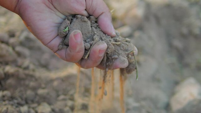 Close up of hand pouring dry soil, agriculture and environment concept