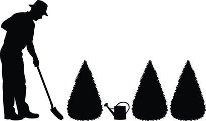 Gardener silhouette vector illustration, man planting trees with shovel and watering can, landscaping gardening work concept, nature outdoor spring design © Samol