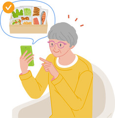 Senior woman checking a meal kit delivery service and calling on her smartphone
