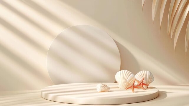 Coastal Calm: A serene studio shot featuring a minimalist presentation setup. Seashells and starfish on a pedestal against a backdrop of soft shadows. Capturing the tranquility of a coastal theme.
