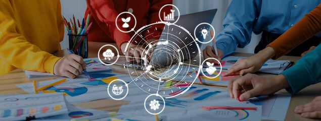 ESG icons show environmental impact, social responsibility, and corporate governance. ESG drives...