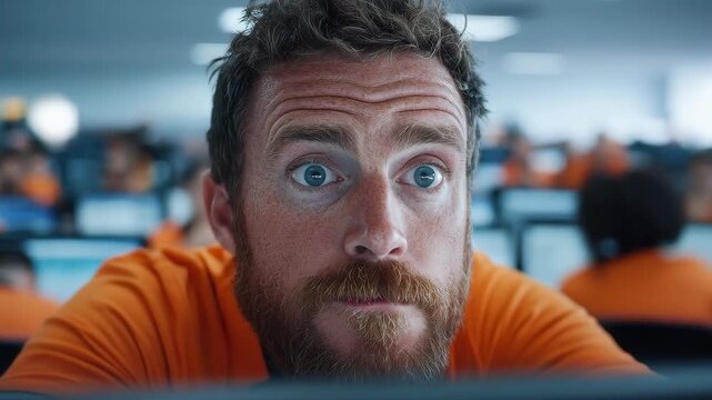 Caught in the Digital Wave: An intense gaze captures a man deeply engrossed in his digital world, his face etched with a mix of surprise and focus. Capturing the digital era