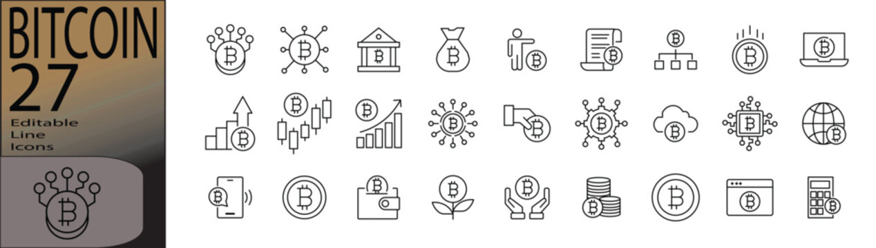 Bitcoin line editable icon set. Editable stroke. Vector illustration.