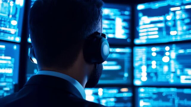 Surveillance Analyst Monitoring Data: A focused analyst intently monitors a bank of screens displaying intricate data streams, capturing the intensity of surveillance work in a modern control center.