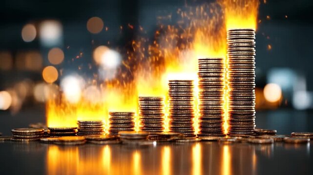 Stacked coins progressively increase in height and intensity, surrounded by glowing flames, illustrating financial growth and prosperity in a dynamic visual sequence
