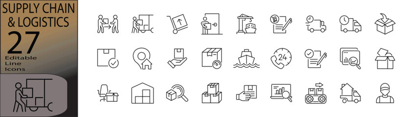 Supply chain & logistics line editable icon set. Editable stroke. Vector illustration.