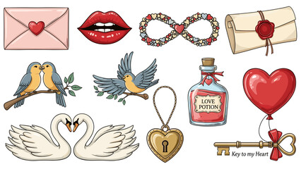 A colorful vector graphic illustration of various romantic symbols and icons on a