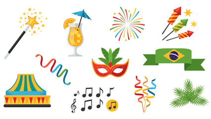 A vibrant vector graphic illustration of various carnival and party icons on a